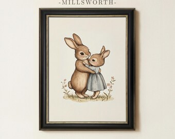 Nursery Bunny Painting | Soft Rabbit Wall Art | Kids Room Cottagecore Animal Home Decor | Framed Art