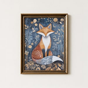 Scandinavian Celestial Fox Art | Whimsical Nordic Folk Artwork | Mystical Woodland Forest Decor | Fairycore Fox Wall Art | Mailed Print
