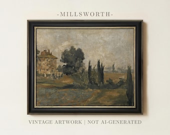 Vintage Countryside Landscape Oil Painting | Antique French Artwork | Moody Rustic Farmhouse Decor | Nature Country Wall Art | Framed Art