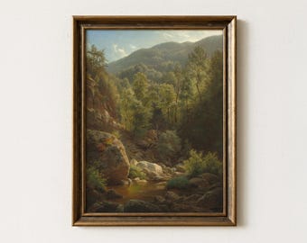 Vintage Country Landscape Painting | Antique Forest Artwork | Rustic Moody Wall Decor | Mailed Print