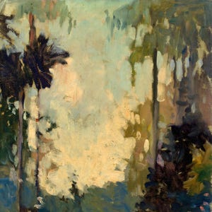 May include: An oil painting on canvas depicting a landscape with dark, vertical tree trunks on the left and right sides. The center features a bright, pale yellow and light blue sky area, with dark green and brown foliage at the bottom.