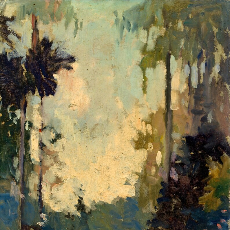 May include: An oil painting on canvas depicting a landscape with dark, vertical tree trunks on the left and right sides. The center features a bright, pale yellow and light blue sky area, with dark green and brown foliage at the bottom.