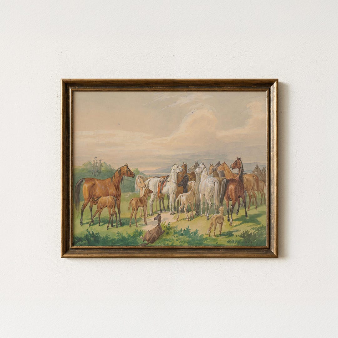 Vintage Horse Landscape Painting | Antique Equestrian Pasture Wall Art ...