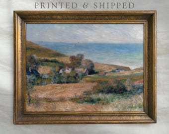 Vintage Coastal Hillside Landscape Painting | Antique Ocean Landscape Decor | Impressionist Sailboat Wall Art | Mailed Print