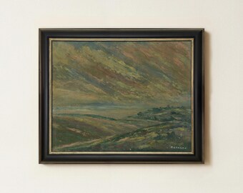 Vintage Rustic Hills Painting | Moody Green Landscape Artwork | Countryside Field Wall Decor | Mailed Print