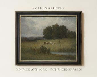 Vintage Cow Landscape Painting | Rustic Grazing Wall Art | Countryside Farmhouse Decor | Framed Art