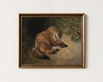 Sleeping Fox Painting | Vintage Woodland Animal Wall Art | Mailed Print