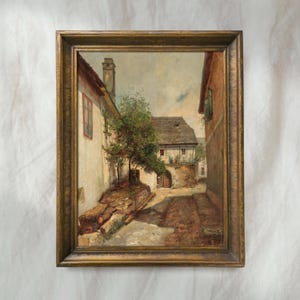European Cityscape Painting | Rustic Village Architecture Wall Art | Vintage Moody Rooftop Decor | Mailed Print