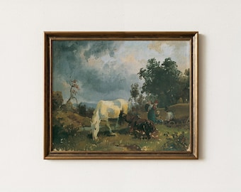 Vintage White Horse Painting | Antique Equestrian Artwork | Rustic Farmhouse Wall Decor | Mailed Print