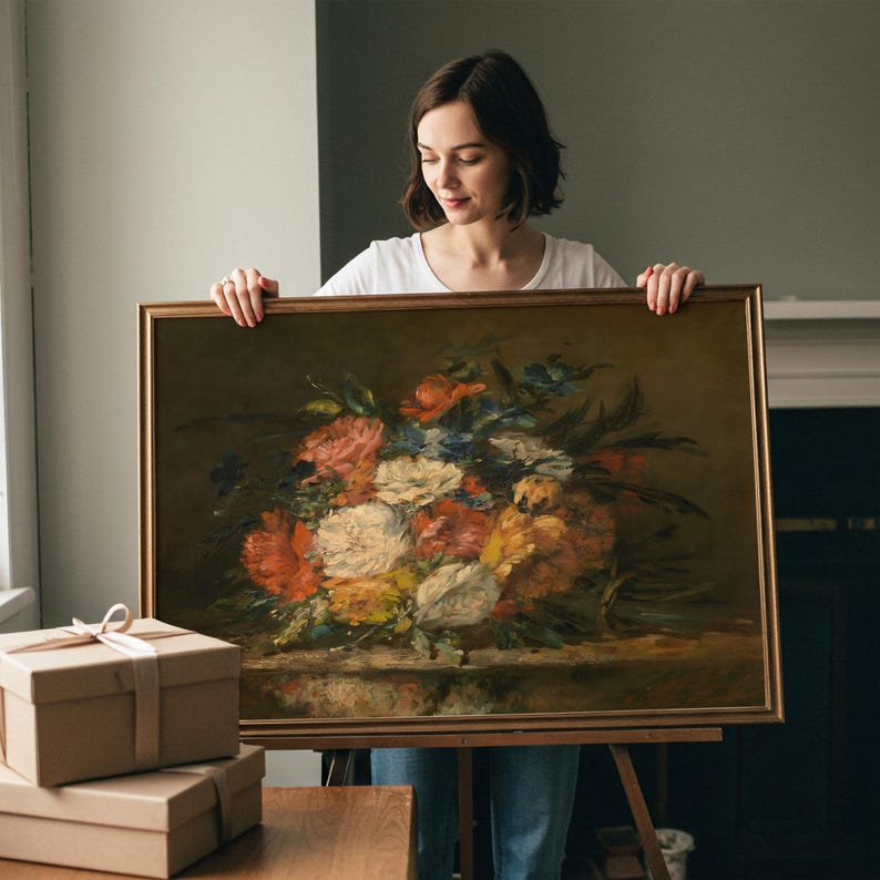 Moody Floral Still Life Painting | Antique Colorful Bouquet Wall Art ...