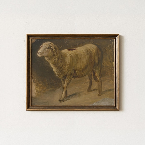 Vintage White Sheep Painting | Antique Farm Animal Wall Decor | Rustic Farmhouse Lamb Artwork | Mailed Print