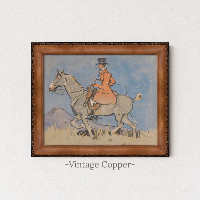 Vintage Equestrian Rider Painting | Antique Horse Artwork | Rustic Watercolor Wall Decor | Framed Art Vintage Copper