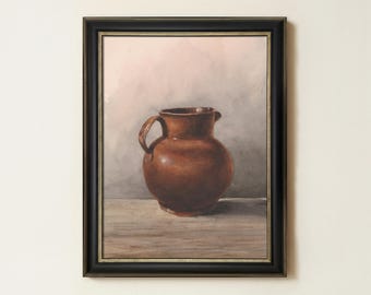 Vintage Clay Jug Painting | Antique Rustic Still Life Artwork | Farmhouse Kitchen Wall Decor | Mailed Print