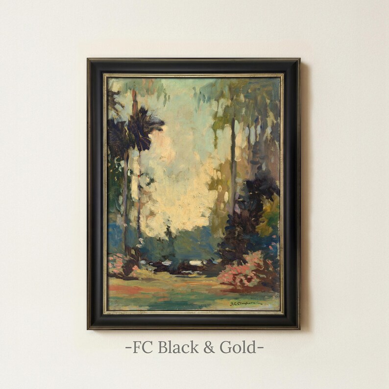 Vintage Woodland Painting | Rustic Landscape Forest Wall Art | Antique Cottagecore Artwork | Framed Art FC Black & Gold