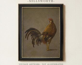 May include: A framed painting of a brown rooster with a dark tail standing in profile against a muted gray background. The artwork is enclosed in a black frame with a thin gold inner border. The text MILLSWORTH appears above the frame.