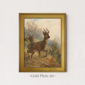 Vintage Deer Painting | Antique Woodland Wildlife Artwork | Rustic Hunting Cabin Wall Art | Mailed Print Gold Plein Air