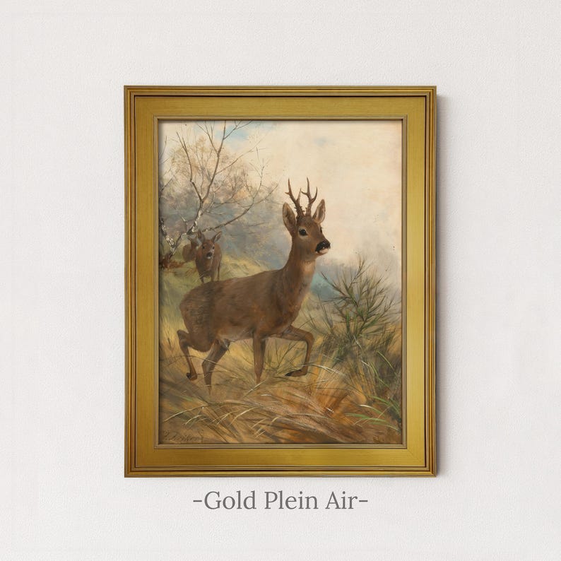 Vintage Deer Painting | Antique Woodland Wildlife Artwork | Rustic Hunting Cabin Wall Art | Mailed Print Gold Plein Air