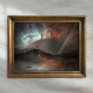 Vintage Northern Lights Painting | Aurora Borealis Night Sky Art | Arctic Winter Landscape Decor | Mailed Print