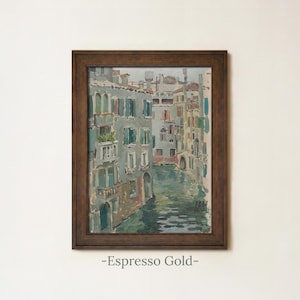 Vintage Venice Canal Painting | Antique European Wall Art | Italian Landscape Home Decor | Framed Art Espresso Gold
