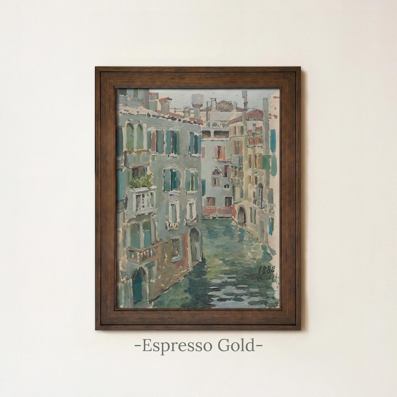 Vintage Venice Canal Painting | Antique European Wall Art | Italian Landscape Home Decor | Framed Art Espresso Gold