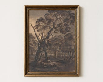 Vintage Forest Painting | Antique Woodland Landscape Sketch | Moody Trees Home Decor | Mailed Print