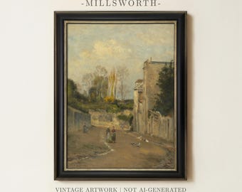 May include: A framed oil painting print titled MILLSWORTH, depicting a rural landscape with a dirt path, stone buildings, and figures walking. The scene features muted earth tones, a pale sky, and trees. The artwork is enclosed in a black frame.