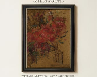 Vintage Abstract Red Floral Painting | Botanical Rose Artwork | Colorful Antique Flower Decor | Framed Art