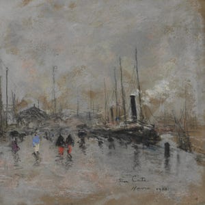 Vintage Rainy City Painting | Antique Street Scene Artwork | Rustic Gray Urban Decor | Framed Art image 16