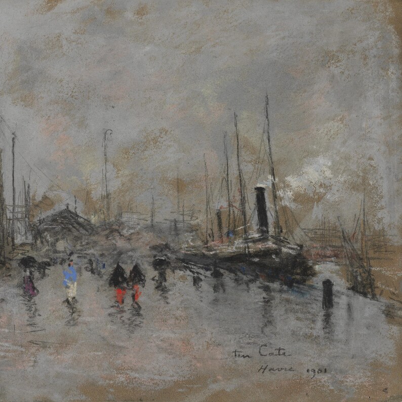 Vintage Rainy City Painting | Antique Street Scene Artwork | Rustic Gray Urban Decor | Framed Art image 16