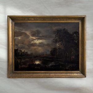 Vintage Moonlit Landscape Painting | Moody Landscape Wall Art | Rustic Dark Countryside Decor | Mailed Print