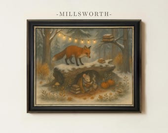 May include: A framed wall art print titled MILLSWORTH featuring a snowy forest scene with a fox standing on a hollow log. Inside the log, a mouse reads a book with a cup of tea. String lights hang above, and pumpkins sit on the ground nearby.