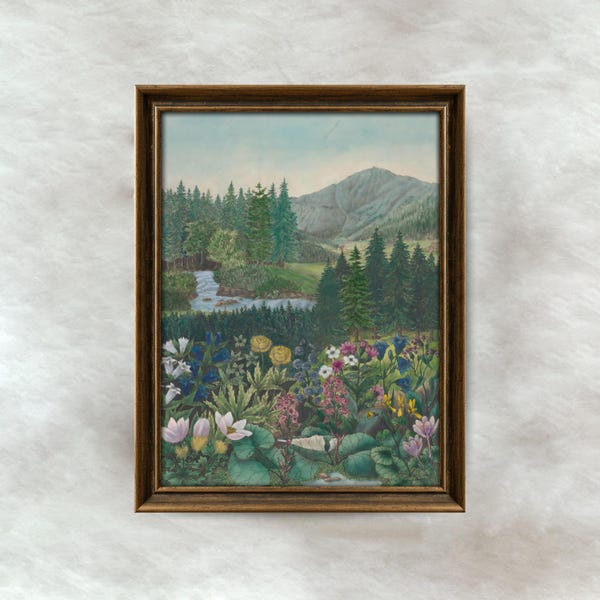 Pintura de un valle de flores silvestres alpino / Arte mural vintage de paisaje de montaña / Obra de arte de prado botánico / Impresión enviada por correo