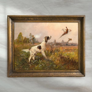 Vintage Hunting Dog Painting | Setter and Hunter Countryside Cabin Decor | Antique Rustic Landscape Artwork | Mailed Print