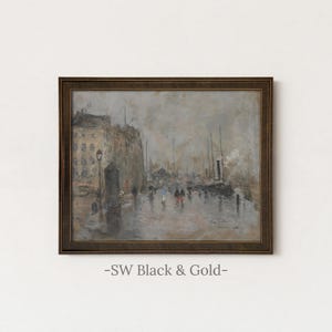 Vintage Rainy City Painting | Antique Street Scene Artwork | Rustic Gray Urban Decor | Framed Art SW Black Gold