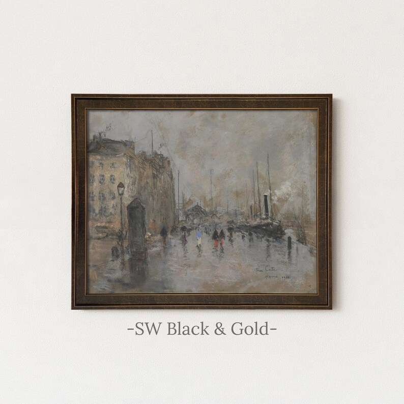 Vintage Rainy City Painting | Antique Street Scene Artwork | Rustic Gray Urban Decor | Framed Art SW Black Gold