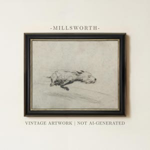 May include: A framed wall art piece featuring a black and white sketch of a dog running at high speed. The artwork is enclosed in a dark frame with gold inner detailing. The text MILLSWORTH appears above the frame, and VINTAGE ARTWORK | NOT AI-GENERATED appears below the frame.