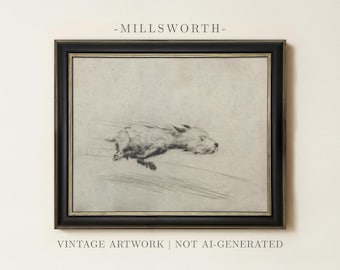 May include: A framed wall art piece featuring a black and white sketch of a dog running at high speed. The artwork is enclosed in a dark frame with gold inner detailing. The text MILLSWORTH appears above the frame, and VINTAGE ARTWORK | NOT AI-GENERATED appears below the frame.