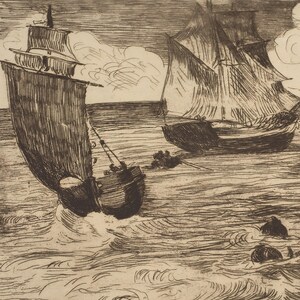 May include: A vintage etching depicts two sailboats navigating choppy waters. The boats, with detailed rigging and sails, are rendered in shades of brown and black. The artwork captures the movement of the sea and the drama of the sky.