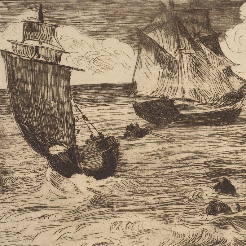 May include: A vintage etching depicts two sailboats navigating choppy waters. The boats, with detailed rigging and sails, are rendered in shades of brown and black. The artwork captures the movement of the sea and the drama of the sky.