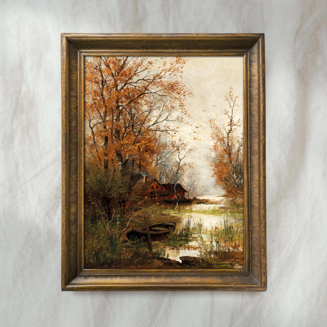 Vintage Autumn Pond Oil Painting | Antique Fall Landscape Artwork ...