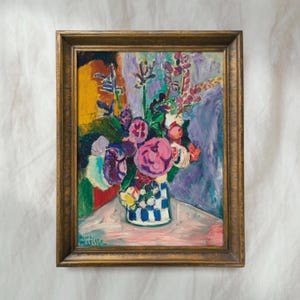Vintage Floral Vase Painting | Colorful Botanical Still Life Artwork | French Bouquet Wall Decor | Abstract Flower Art | Mailed Print