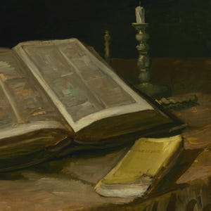 Vintage Bible Still Life Painting | Antique Religious Wall Decor | Rustic Spiritual Artwork | Mailed Print image 6