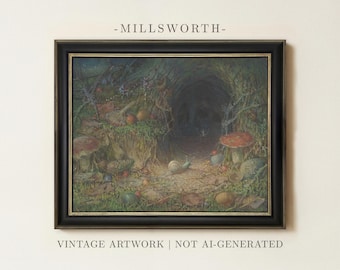 May include: A framed painting titled MILLSWORTH featuring a dark forest scene with a snail, mushrooms, and dense foliage leading into a shadowy tunnel. The artwork is enclosed in a black frame with gold trim and labeled VINTAGE ARTWORK | NOT AI-GENERATED.