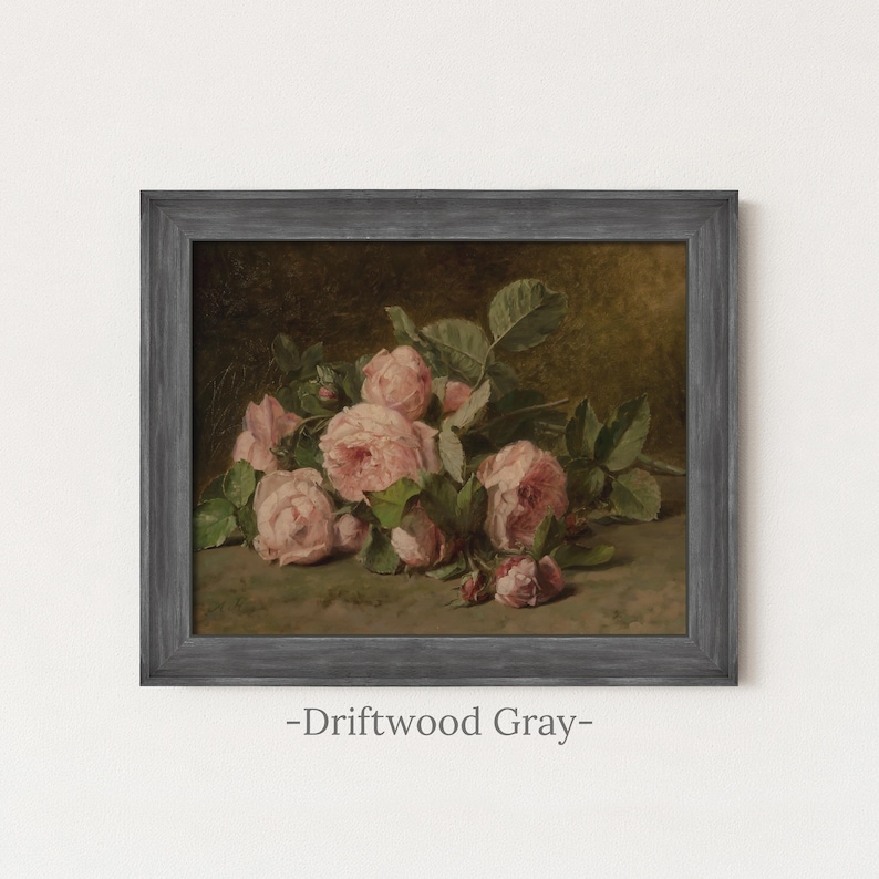 Vintage Pink Roses Painting | Floral Still Life Wall Art | Romantic Botanical Home Decor | Rustic Flower Still Life Print | Framed Art Driftwood Gray