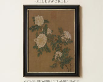Vintage Floral Painting | Japanese Botanical Flower Artwork | Rustic Cottagecore Wall Decor | Framed Art