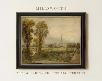 May include: A framed landscape painting featuring a cathedral with a tall spire in the distance, surrounded by trees and fields in muted earth tones. The text -MILLSWORTH- appears above, and VINTAGE ARTWORK | NOT AI-GENERATED appears below.