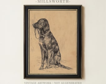 May include: A framed black and white ink drawing of a sitting dog holding a leash in its mouth. The artwork is titled MILLSWORTH and includes the text VINTAGE ARTWORK | NOT AI-GENERATED. The dog is depicted in profile against a light background.