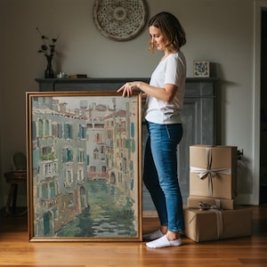 Vintage Venice Canal Painting | Antique European Wall Art | Italian Landscape Home Decor | Framed Art image 2