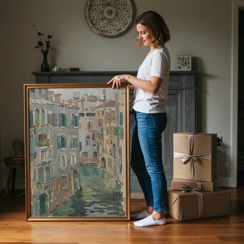 Vintage Venice Canal Painting | Antique European Wall Art | Italian Landscape Home Decor | Framed Art image 2