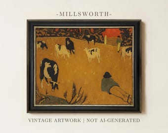 Vintage Grazing Cows Painting | Antique Pastoral Wall Art | Countryside Farm Home Decor | Framed Art